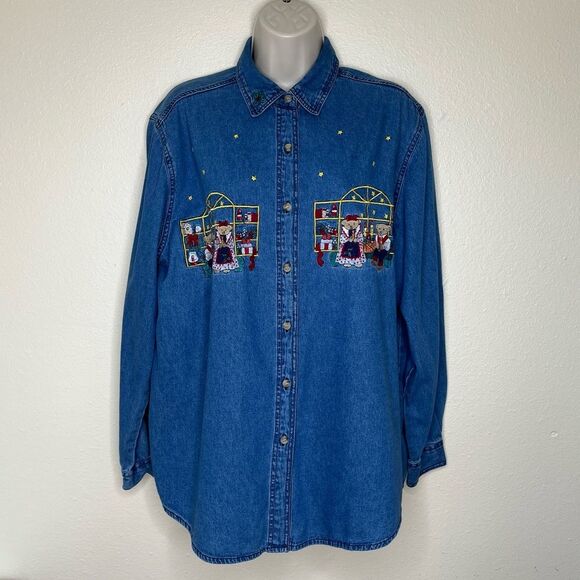 Bobbie Brooks Christmas Holiday Embroidered Denim Button Front Shirt Women Large - Picture 12 of 12